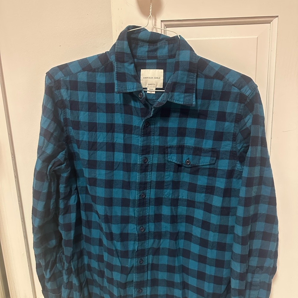 American Eagle Outfitters Men's Teal and Black Checkered Shirt